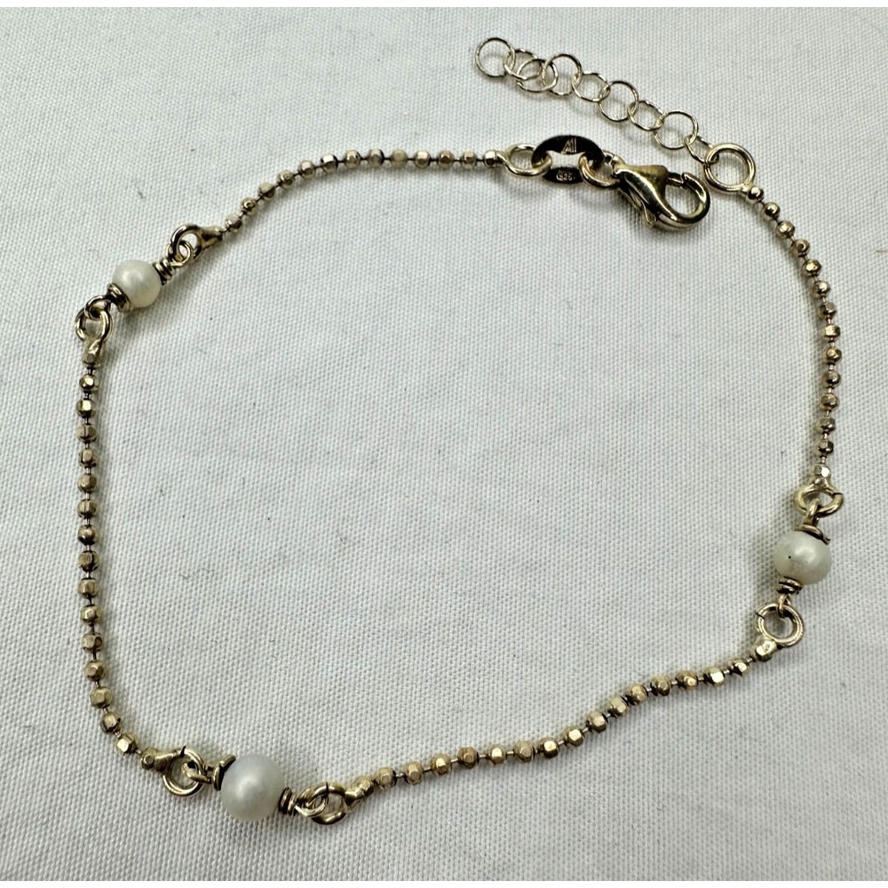 Sterling Silver Bracelet Faux Pearls 925 Bead Faceted Chain Dainty 7-8 in